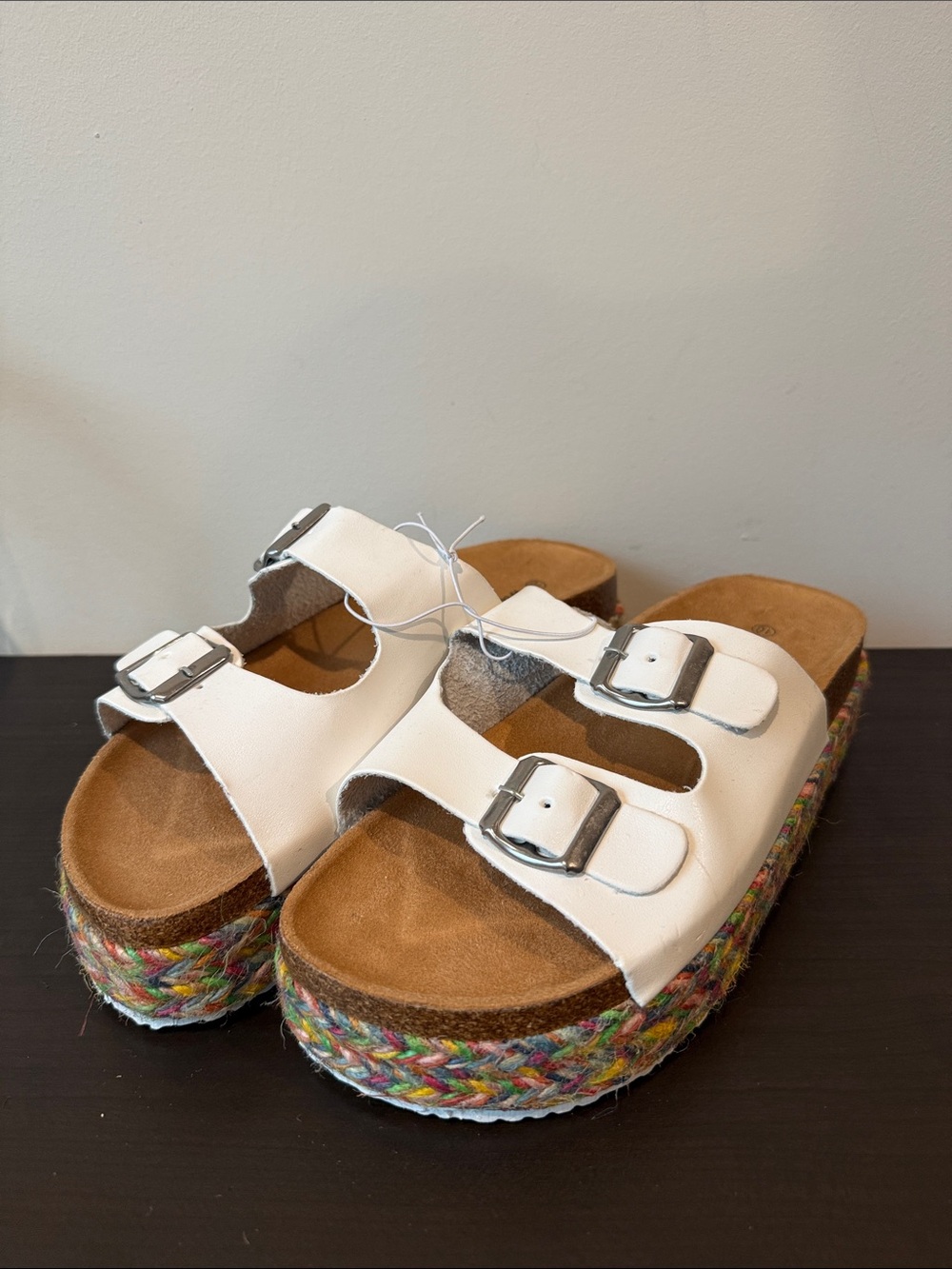 White Double-Buckle Platform Slide Sandals with Multicolor Espadrille Trim